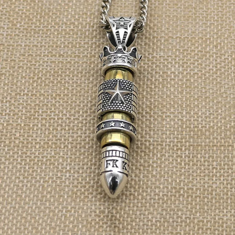 吊坠925银 朋克风五角星子弹头坠男女复古纯银镶铜可拆卸圆筒挂坠