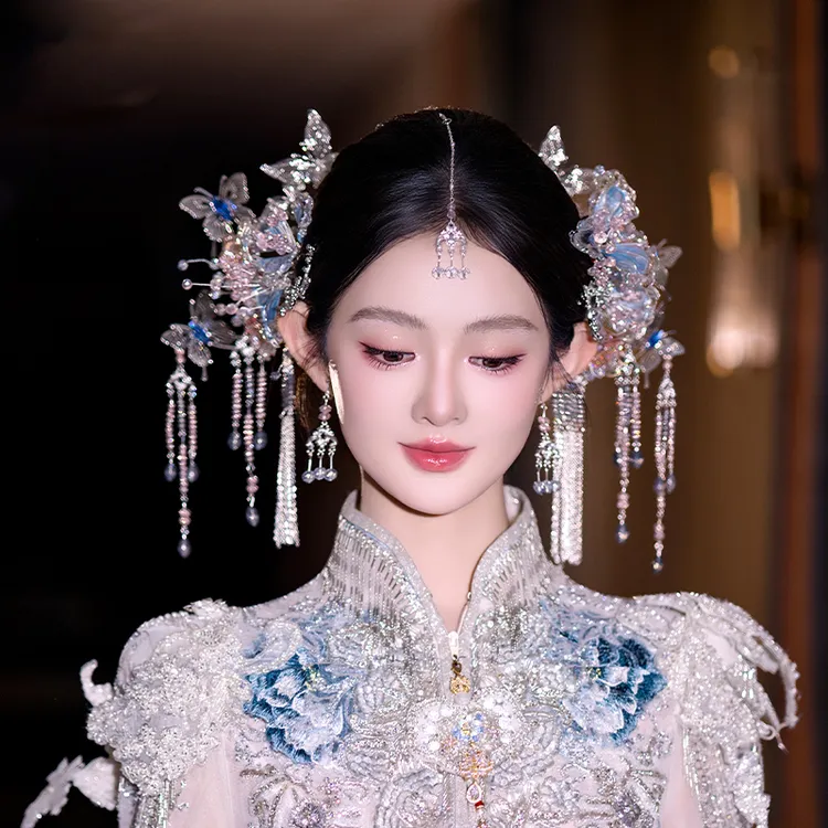 合金婚庆饰品 新娘超仙中式爆款蓝粉色氛围流苏古风结婚头饰G0320