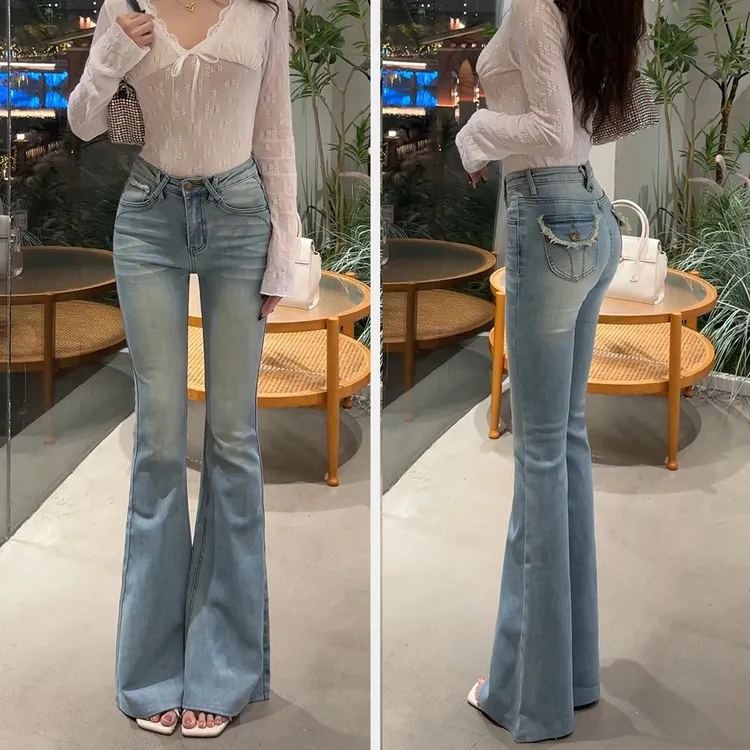 2025初秋上新6838百搭显瘦气质浅色喇叭裤高腰显瘦微喇牛仔裤女