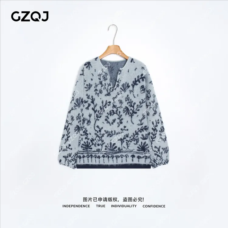 老琴私服【青墨织花】100绵羊毛青花瓷长袖毛衣女冬季新款  15699