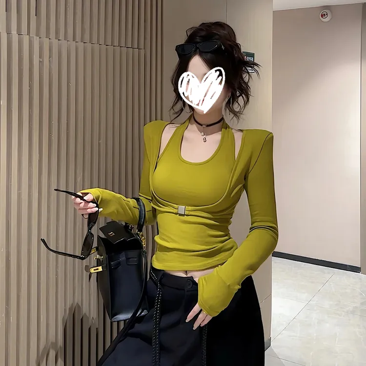 纯欲风假两件长袖T恤女2025秋季新款韩系打底衫女款爆款2025新款