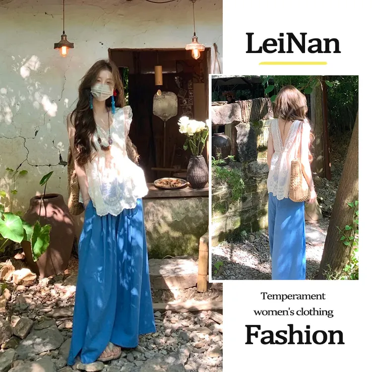 田园个性穿搭V领蕾丝边小飞袖微透显瘦百搭小众上衣阔腿休闲裤