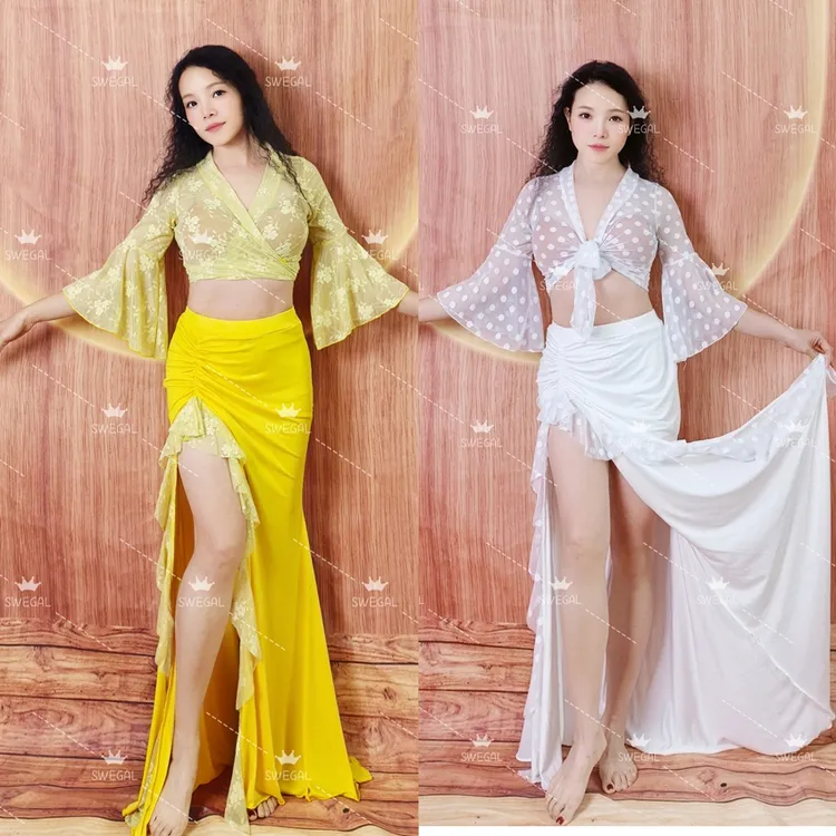 swegal肚皮舞练功服东方舞服装蕾丝花网喇叭袖加花边开叉大摆裙