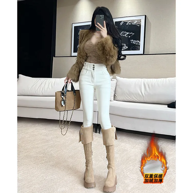 乔栈米白加绒辣妹设计感高腰弹力小脚裤女秋冬新款百搭显瘦铅笔裤