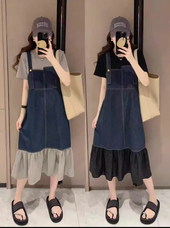 宽松拼接夏季假两件洋气时尚连衣裙背带裙