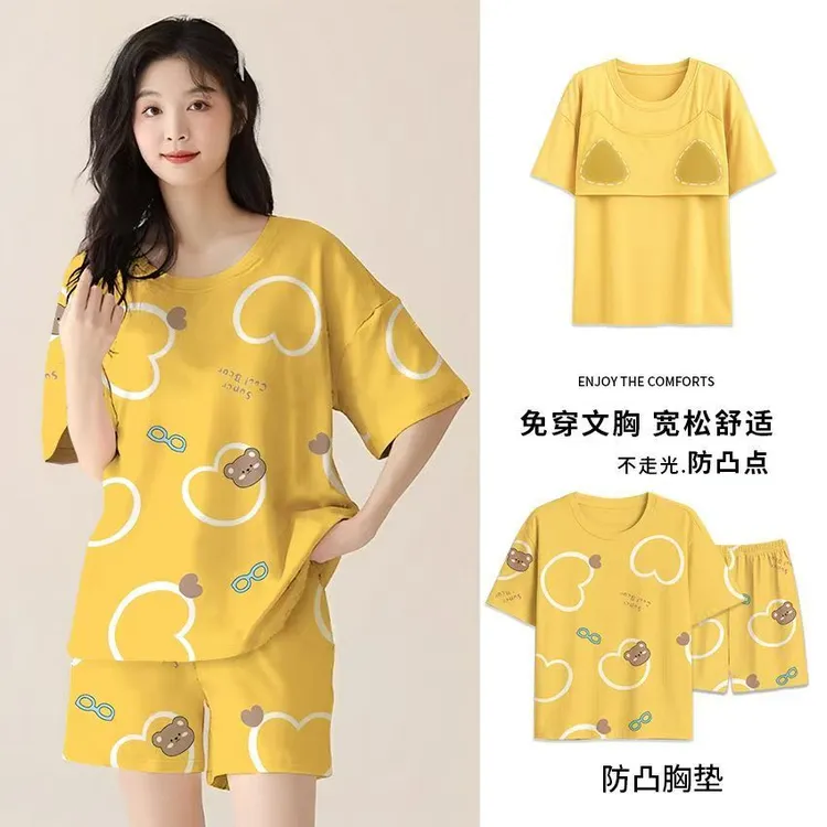 睡衣女夏季带胸垫一体短袖短裤两件套学生纯欲风卡通可外穿家居服