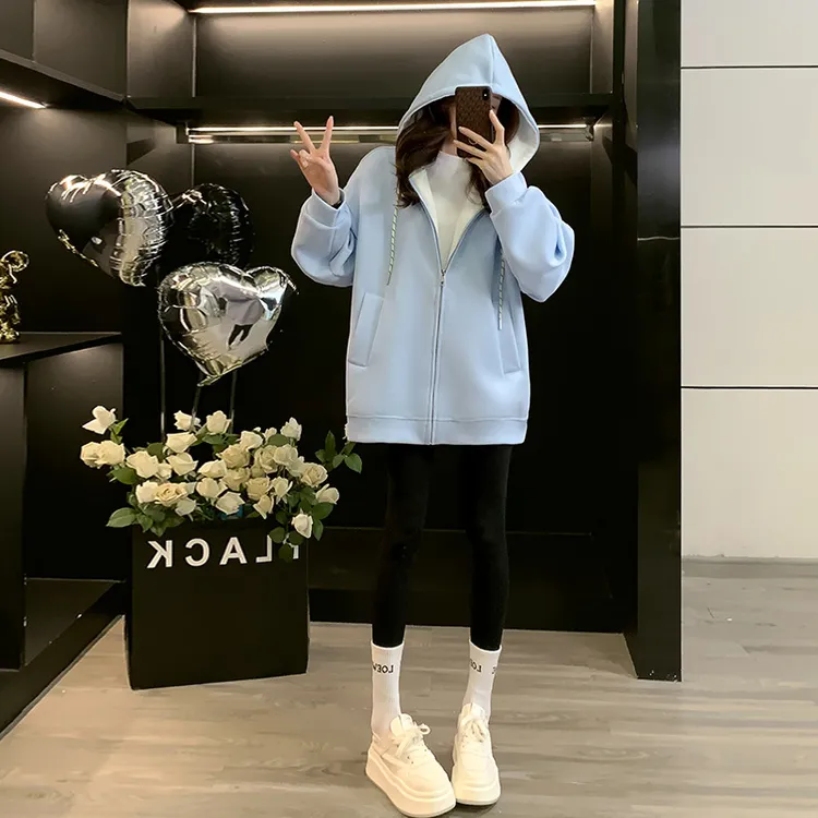 高级感连帽中长款卫衣女秋冬新款休闲慵懒风宽松显瘦开衫外套上衣