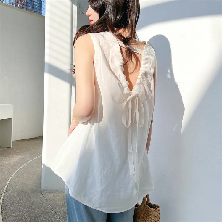 系带亚麻无袖衬衫女2025夏季韩版沙滩时尚露背宽松显瘦遮肚娃娃衫