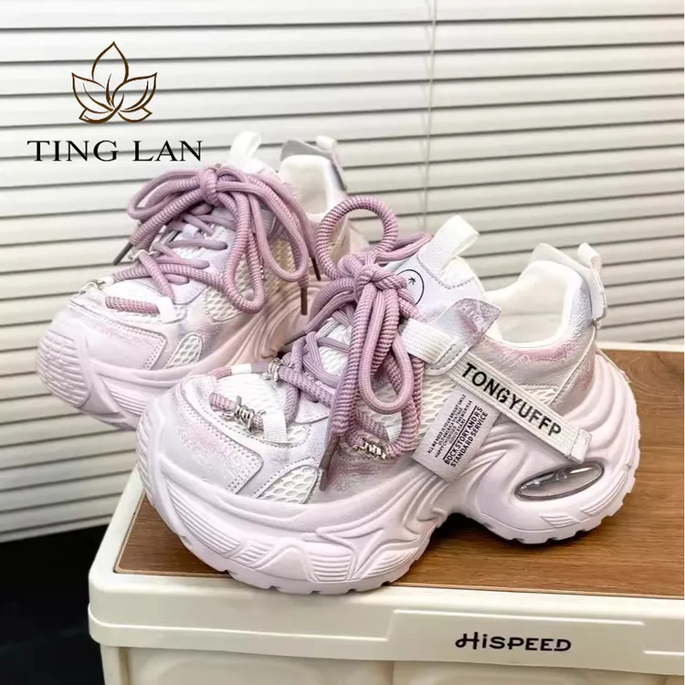 汀兰印花气垫厚底老爹鞋女2025年春季新款擦色增高系带运动休闲鞋