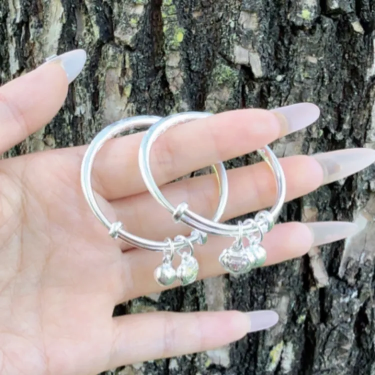 足银手镯 足银999长命富贵铃铛推拉款宝宝镯子一对满月生日礼物