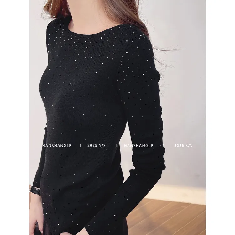 韩裳良品 圆领烫钻绵羊毛打底衫满天星高密紧实毛针织衫女毛衣