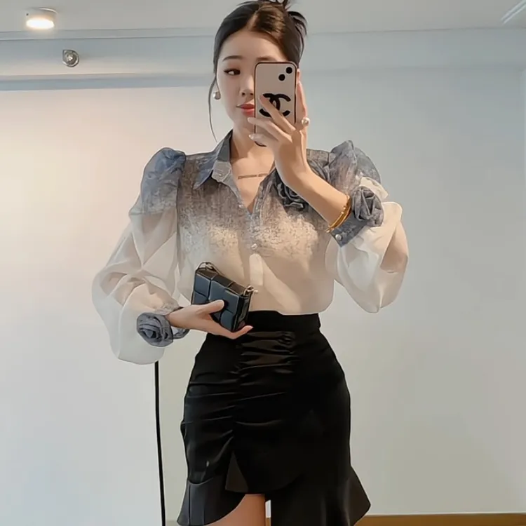 立体花朵高级感翻领长袖衬衫女2025早春新款微透显瘦小众别致上衣