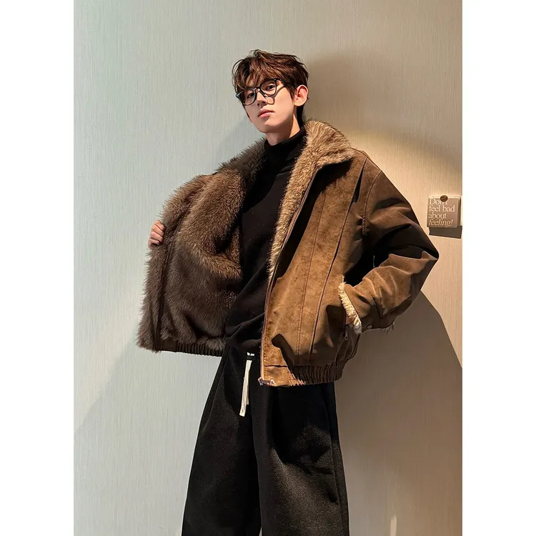 HN潮牌-【全毛内里座山雕】冬季美拉德立领保暖棉服男加绒加厚棉衣