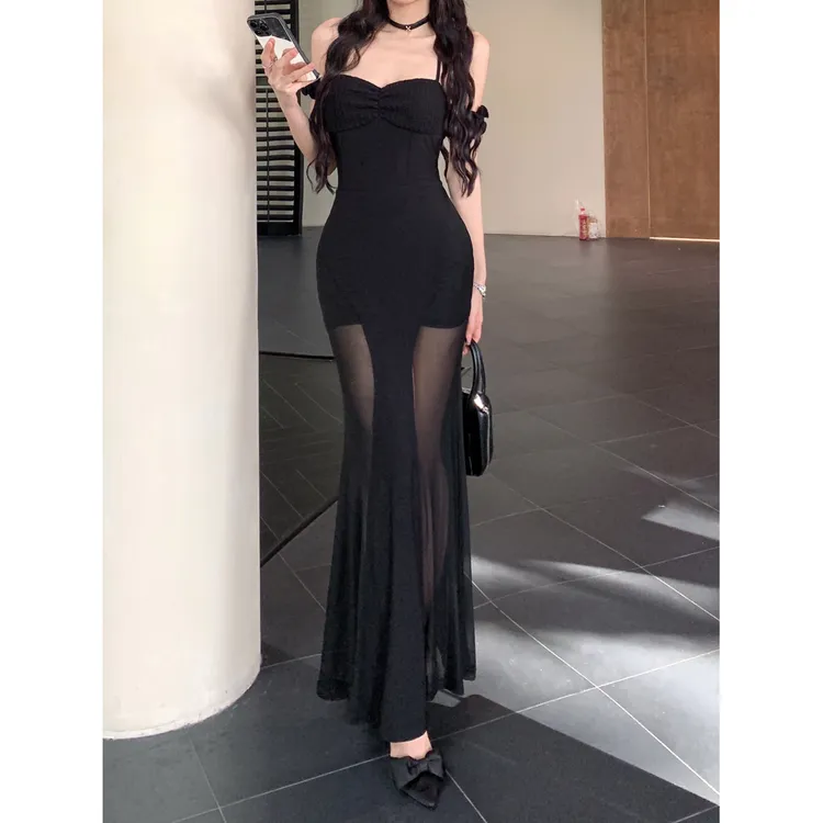 黑色性感露背长款挂脖小众连衣裙包臀女网纱拼接设计感纯欲长裙
