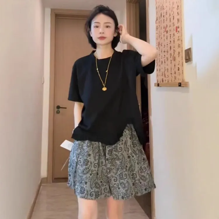 LIEI夏季时尚休闲不规则短袖T恤+高腰宽松休闲阔腿短裤两件套