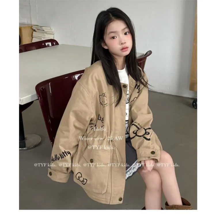 韩版女童装儿童中大童冬季洋气撞色卡通印花翻领棉服长袖外套宽松