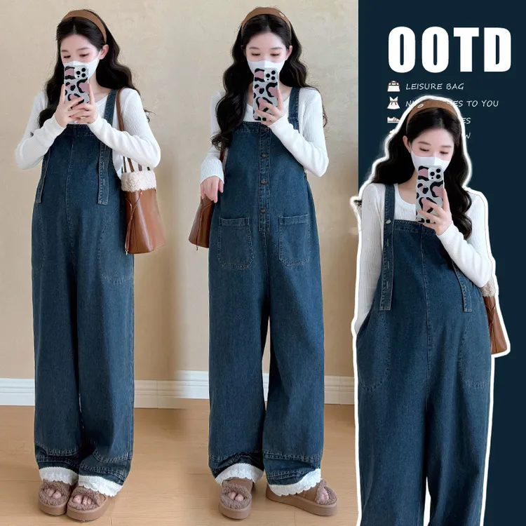 前后两穿秋季孕妇牛仔背带裤新款韩版宽松孕妇长袖上衣外穿两件套