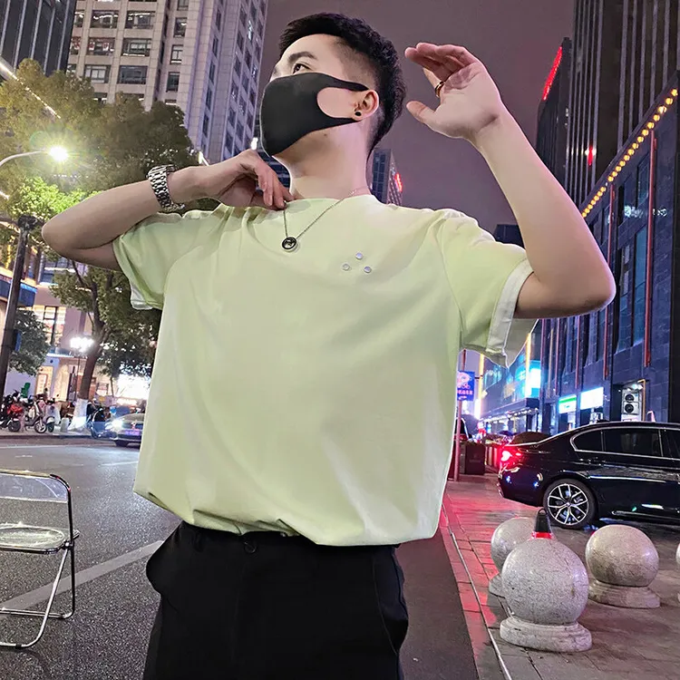 长袖T恤上衣夏季简约金属装饰短袖恤宽松百搭半截袖男浅绿色