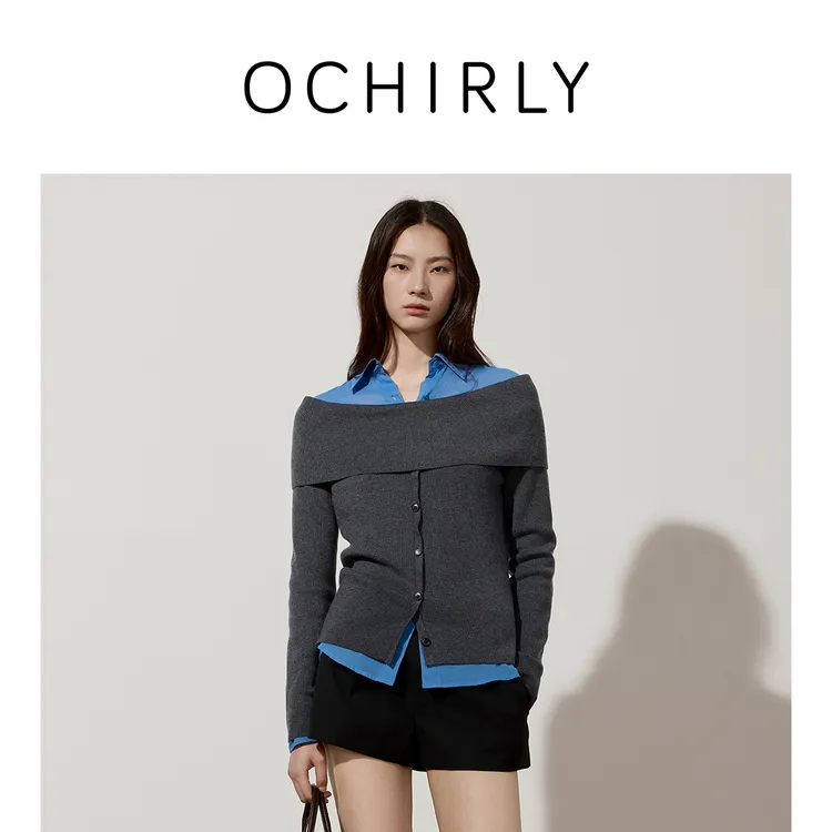 OCHIRLY欧时力 一字肩翻边针织毛衣女上衣排扣外穿2025秋季新品