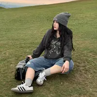 DC8342大码女装【旷野草原旅拍】秋季胖mm复古连帽卡通印花长袖卫衣