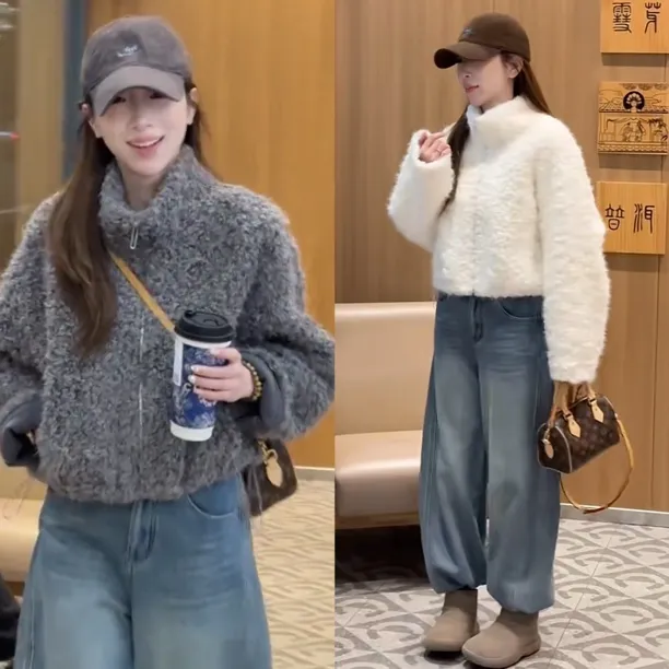 正版立领高级感毛毛短外套女装2025秋冬小个子时尚气质保暖上衣