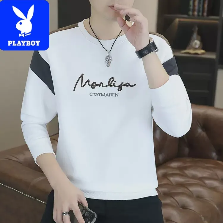 PLAYBOY花花公子男士长袖潮流圆领宽松百搭春秋季秋冬打底衫印花