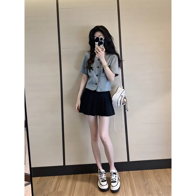 蝴蝶结牛仔短袖衬衫上衣短裙两件套小个子夏季穿搭显瘦套装小香风