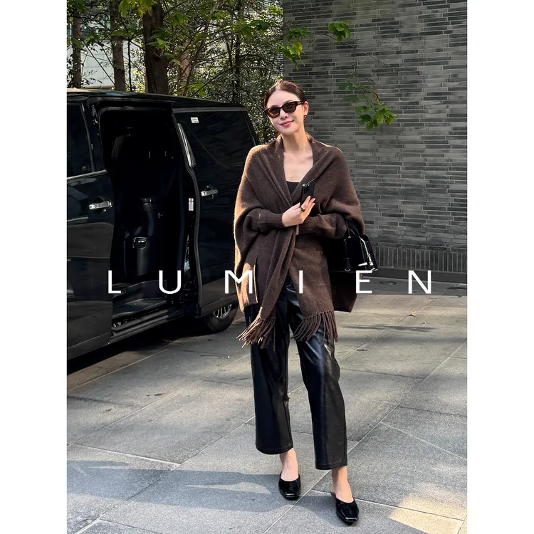 【LUMIEN】复古港风蛋白皮时尚休闲宽松黑色直筒皮裤女LX4JKK090