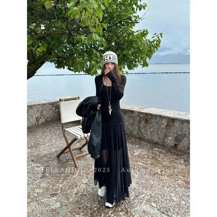 SG / 杨依姗 AW早秋新品柔软弹力网纱拼接长袖连衣裙Q-20251221