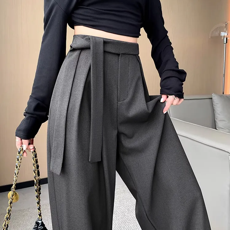 拉夏贝尔深灰色垂感西装裤女春秋2025新款宽松显瘦高腰窄版阔腿裤