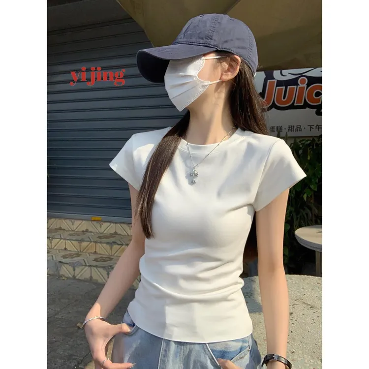 白色短袖t恤基础款2025夏季小宽松正肩T恤圆领显瘦短款纯色上衣女