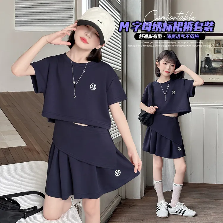 女童短袖韩系套装夏装2025新款儿童夏季薄款运动风百褶裙两件套潮