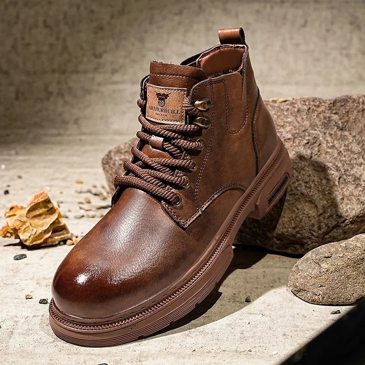 潮流休闲头层牛皮马丁靴男车缝线黑色高帮男士冬季皮靴