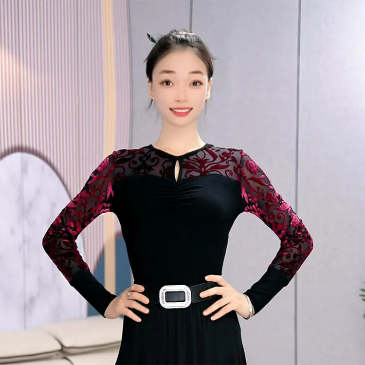 时尚拼接织绒交谊舞蹈服装高端设计拉丁舞练功服吉特巴演出服上衣