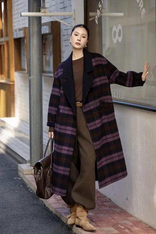 羊驼毛乌梅紫秋冬毛呢外套中长款休闲女直下摆格子971-1