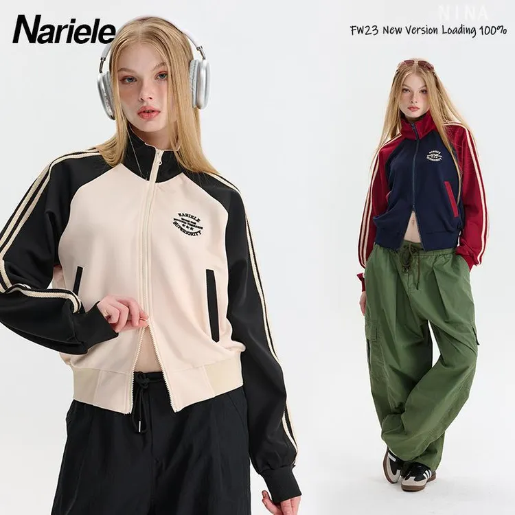 早春新款欧美撞色条纹袖开衫卫衣短款立领长袖外套女