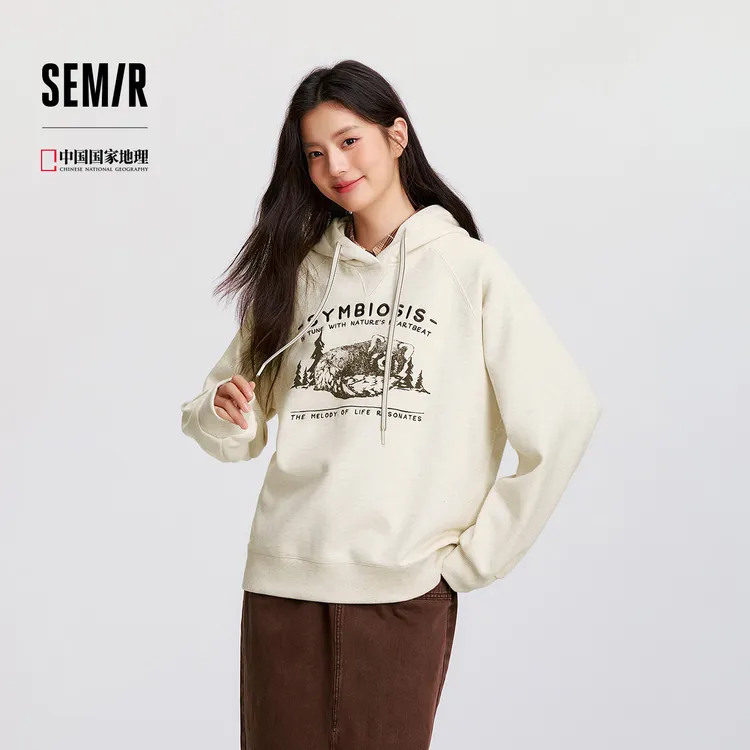 森马卫衣女冬季图案插肩袖加绒连帽宽松休闲个性上衣复古风套头衫