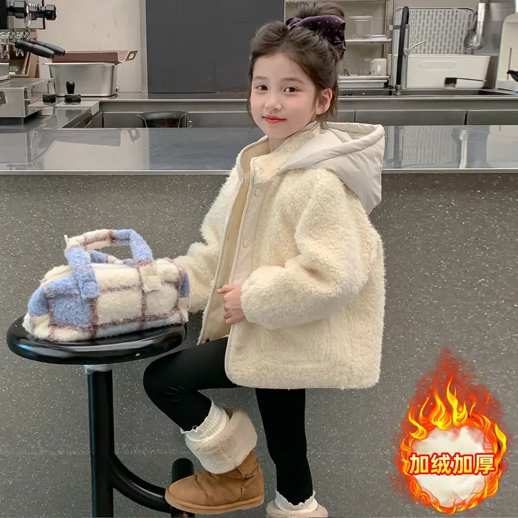 女童秋冬装外套时尚新款儿童洋气女孩冬季加绒加厚连帽棉袄毛毛衣