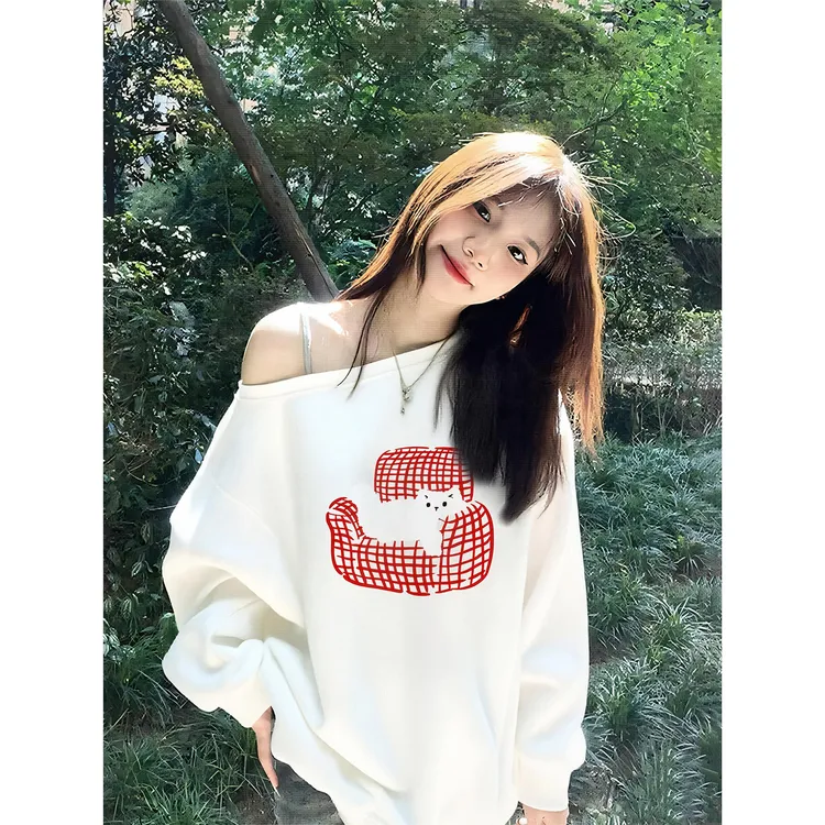 纯棉斜领露肩白色卫衣女秋冬2025新款甜妹潮牌设计感小众宽松上衣