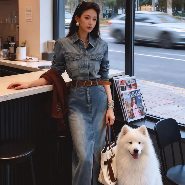 高级水洗牛仔连衣裙秋冬新款设计长袖中长款腰包臀裙长裙秋季出片