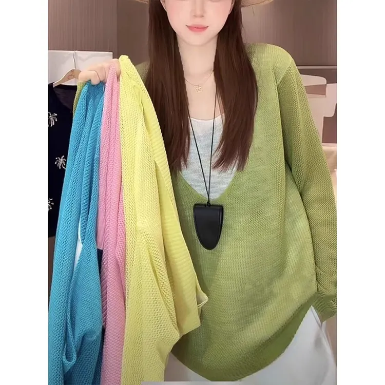 叠穿假两件大圆V领拼接撞色薄款防晒衫女夏季时尚百搭冰丝针织衫