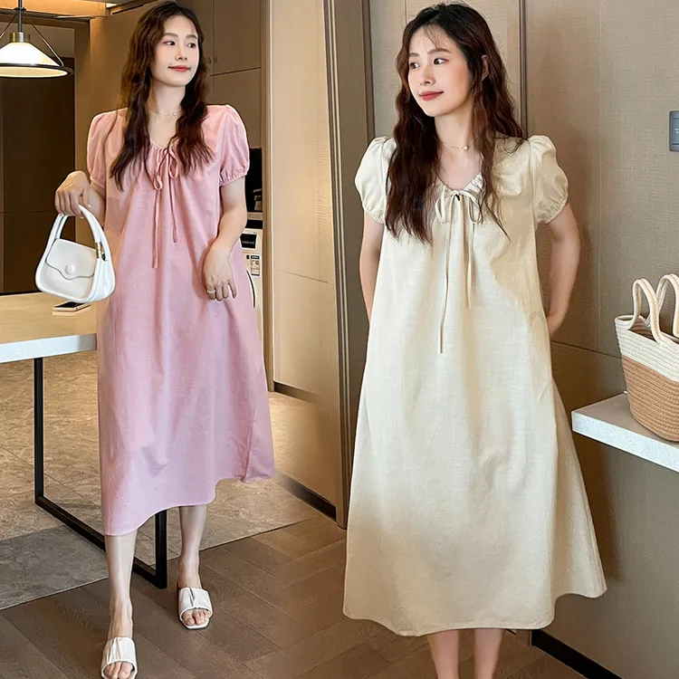 2025夏潮妈法式V领慵懒风舒适棉麻孕妇小个子连衣裙