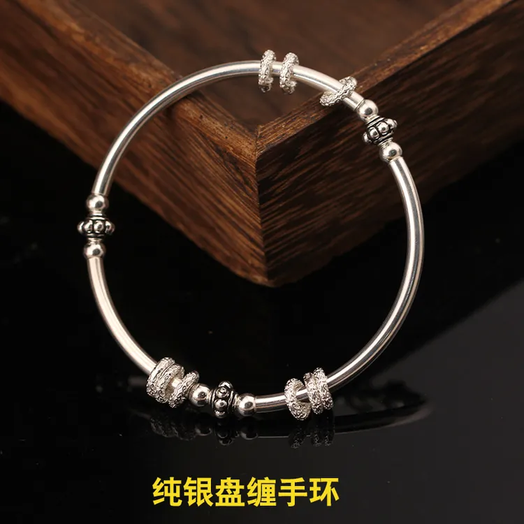925银手镯 925纯银路路通手环百搭手工DIY串珠转动跑环银镯子个性