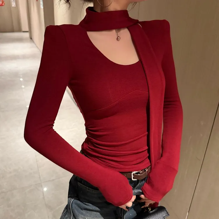 磨毛加厚u领围脖飘带长袖T恤女2025秋冬新款韩版设计感显瘦打底衫