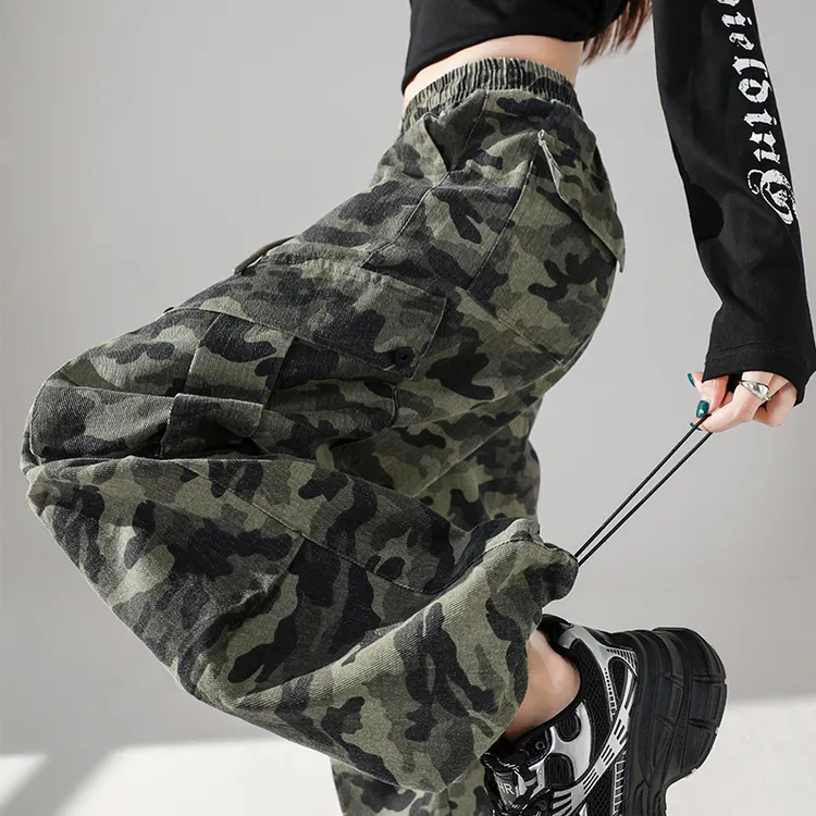 美式迷彩阔腿裤女秋季宽松垂感束脚两穿运动爵士舞蹈休闲裤潮秋冬