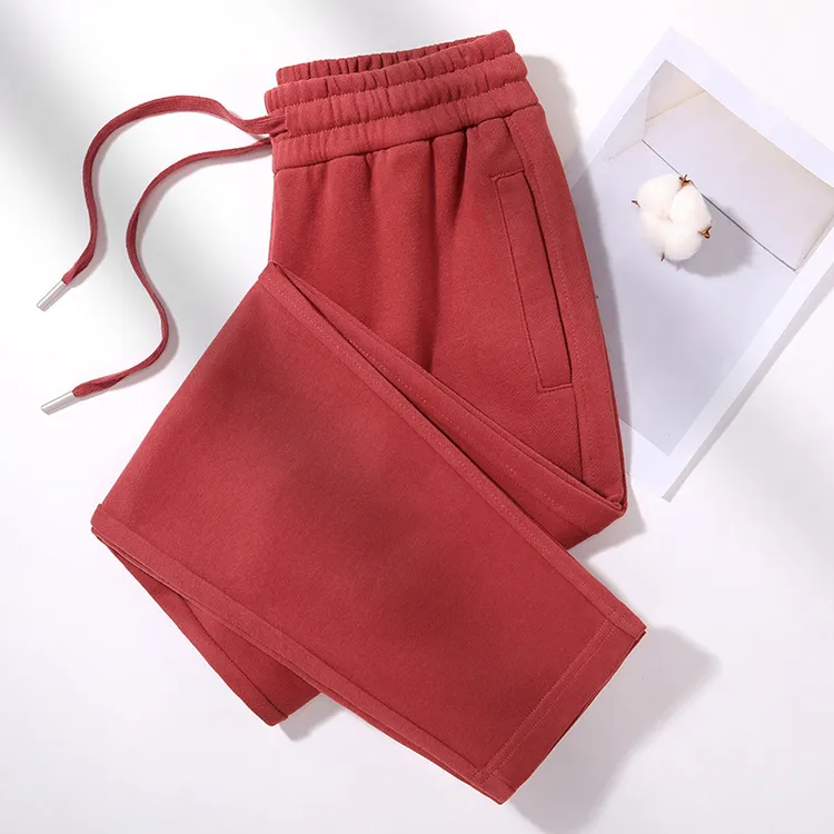 砖红色纯棉休闲卫裤女春秋季重磅宽松运动裤子女生潮流垂感直筒裤