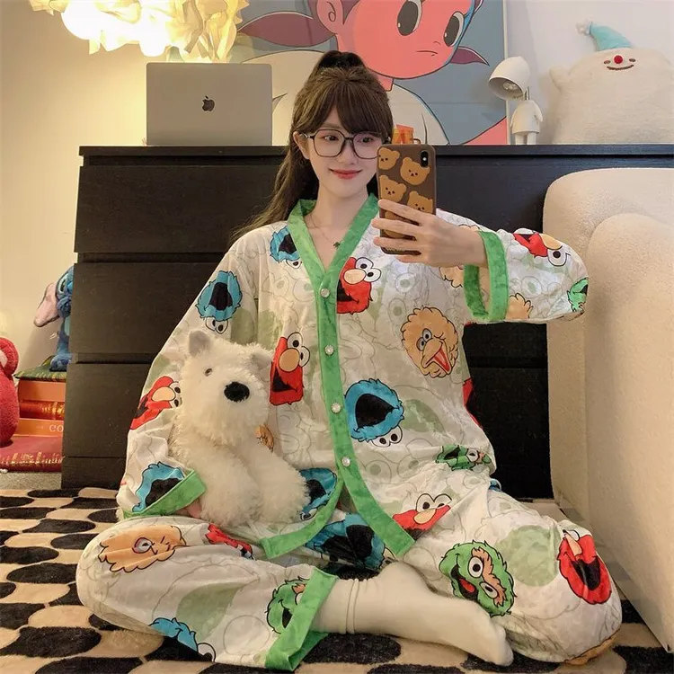 新款金丝绒睡衣女春秋季长袖胖MM加大码300斤卡通冬天薄绒家居服