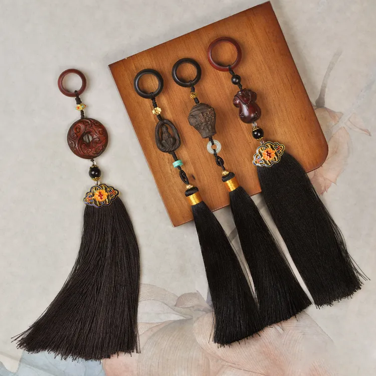 黑檀木跑环流苏手串配饰手持配件串珠穗子莲花佛像如意菩提串