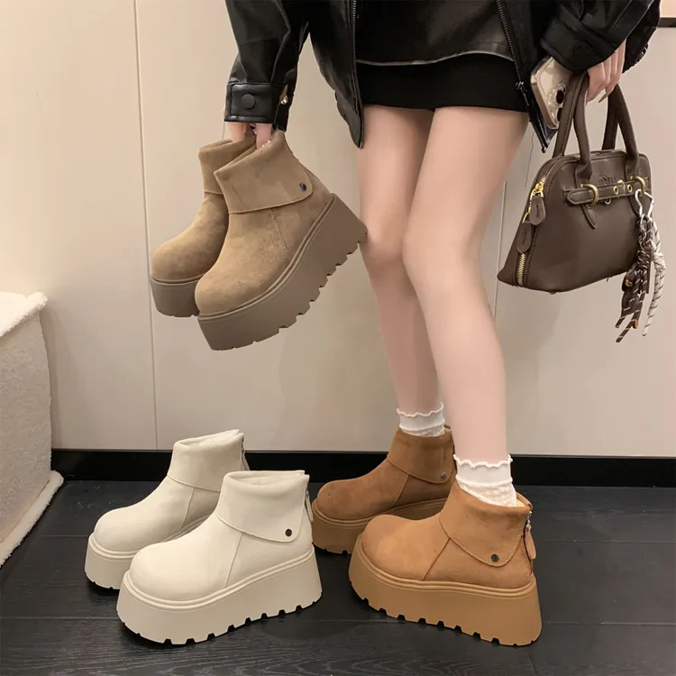 7cm！白色厚底保暖雪地靴女秋冬新款网红小个子显瘦外穿加绒短筒靴