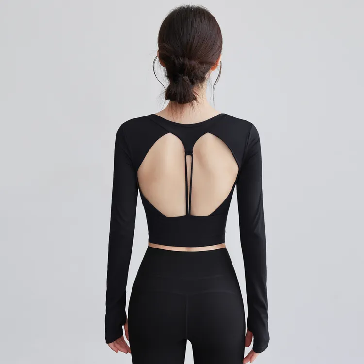 瑜伽服女美背V领长袖显瘦含胸垫百搭短款健身服套装速干运动上衣